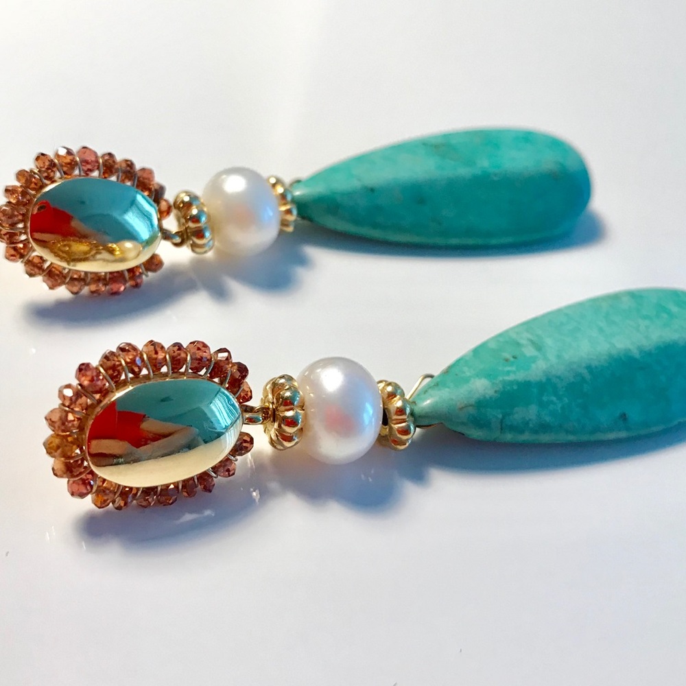 Genuine Turquoise Gold Pearl Drop Statement Earrings MADE IN BRAZIL